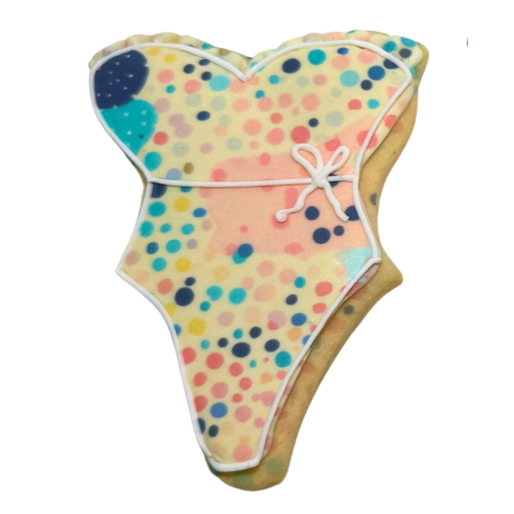 Summer Cookies shaped like a swimsuit with colorful polka dots.