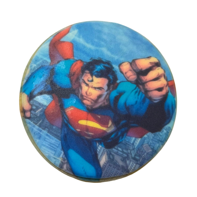 Superman, Choose Your Own circular button with flying hero.