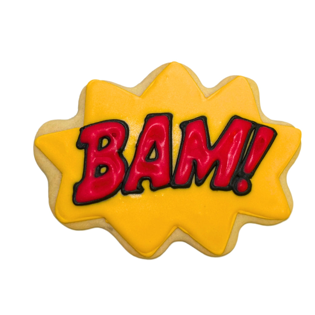 Superman Choose Your Own cookie with yellow and red BAM! icing.