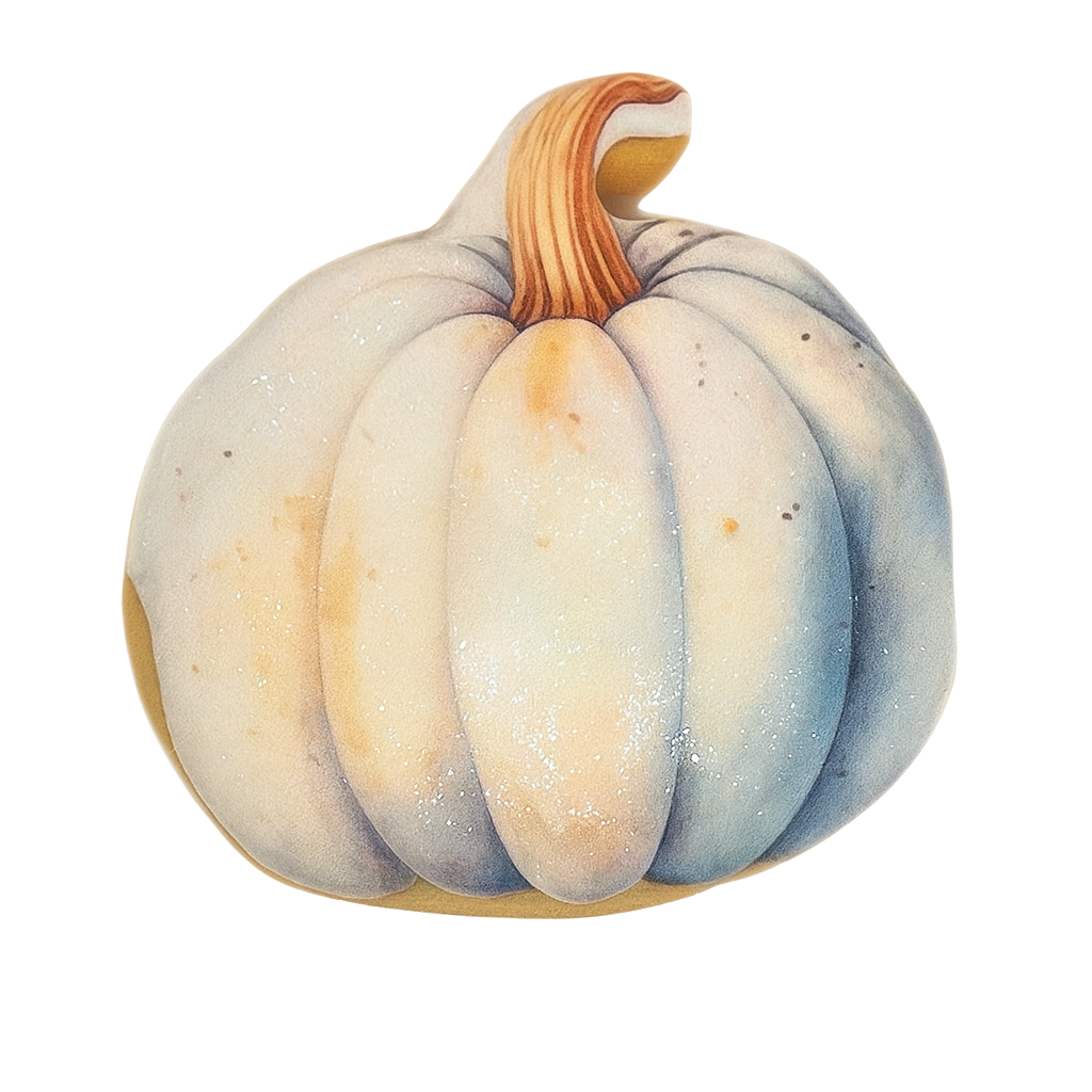 Thanksgiving pumpkin cookie with blue and white icing.