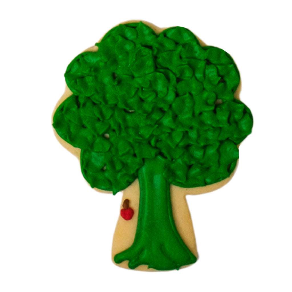 National Reading Month tree-shaped cookie with green frosting