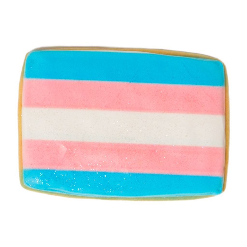 Trans Day of Visibility cookie with blue, pink, and white icing.