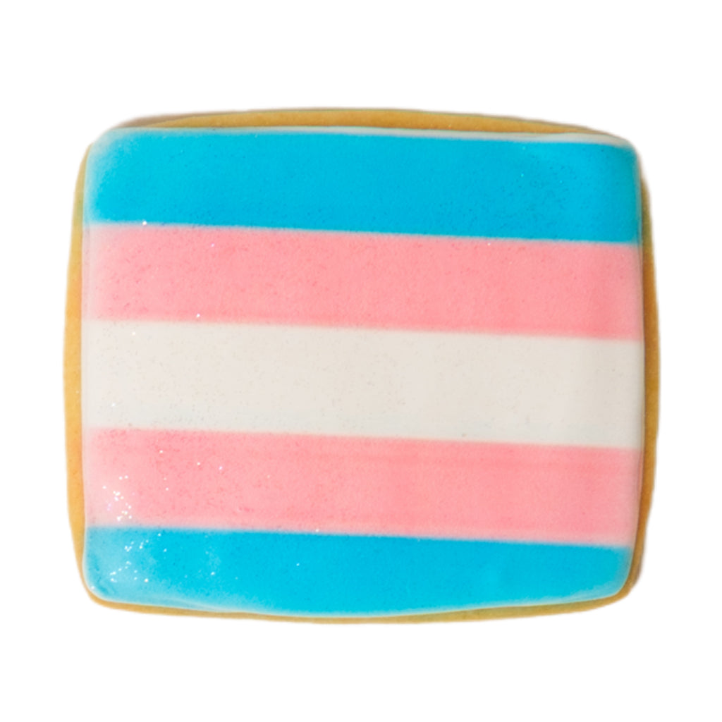 Trans Day of Visibility cookie with blue, pink, and white icing.
