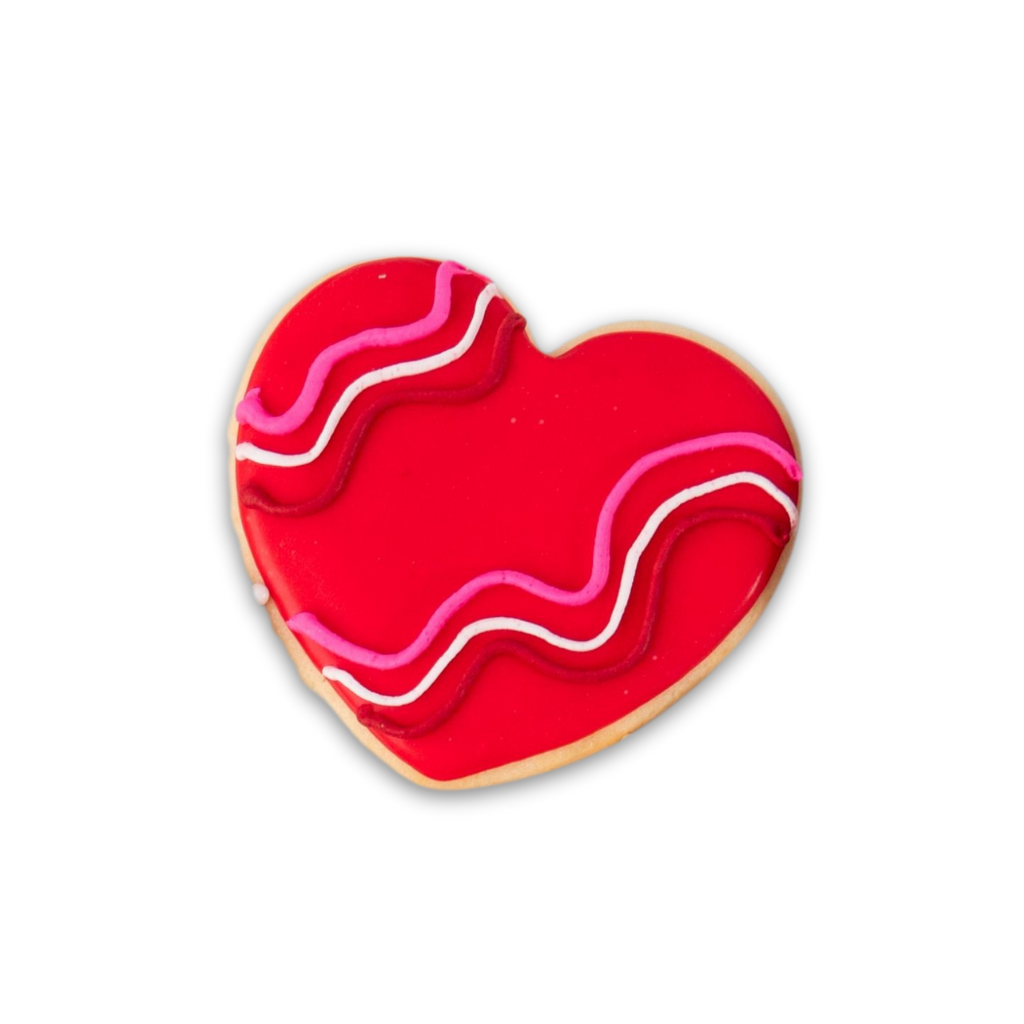 Heart-shaped Valentine butter cookie with red icing and wavy lines.