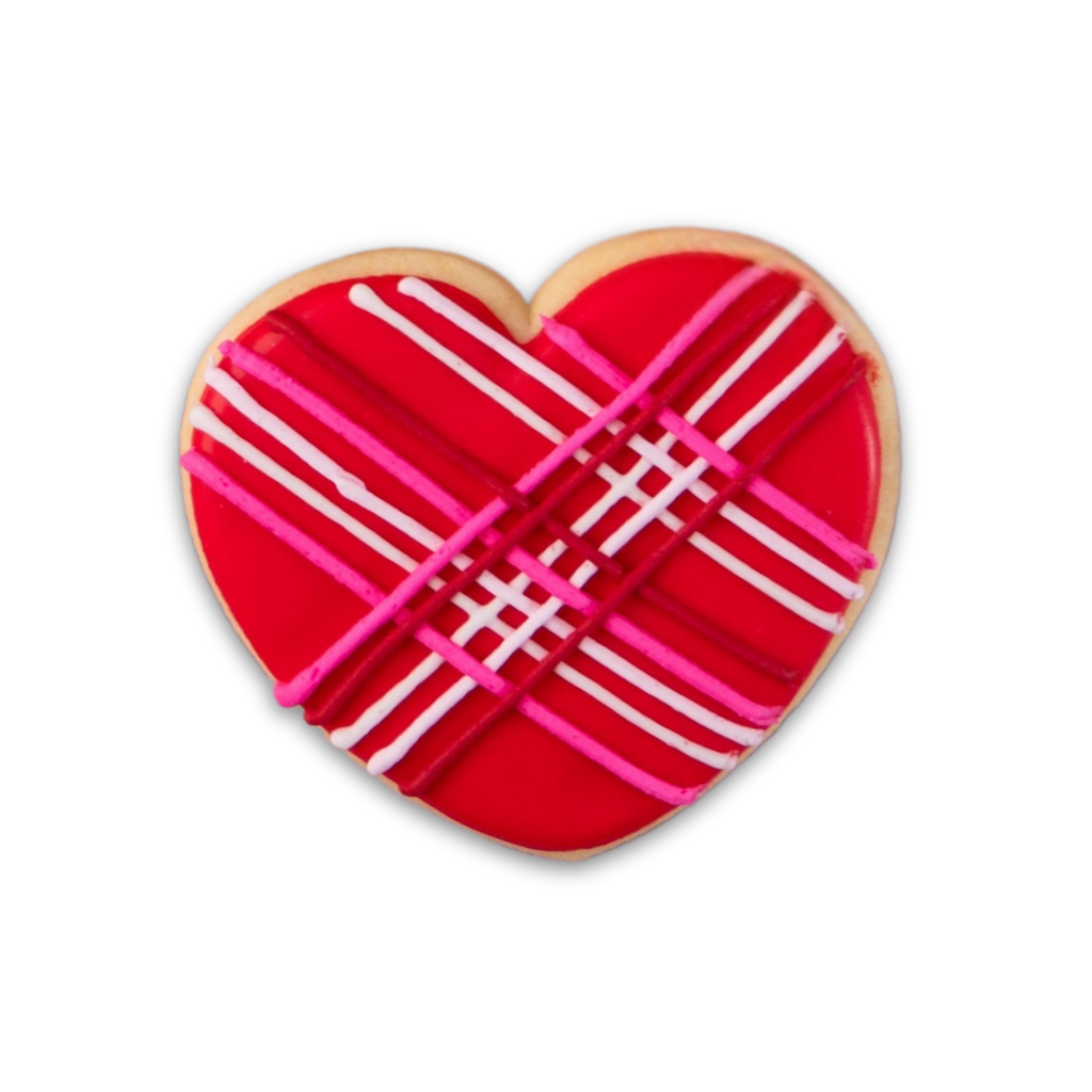 Heart-shaped Valentine butter cookie with red icing and stripes.