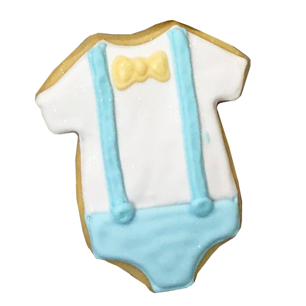 Winnie Bow-Tie Onesie cookie with blue suspenders