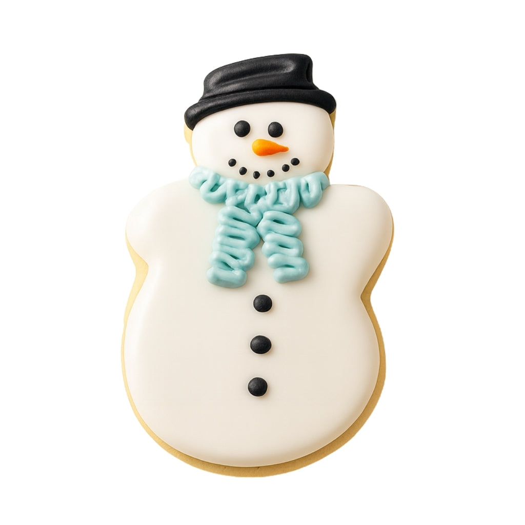 Snowman Christmas character cookie with a blue icing scarf.