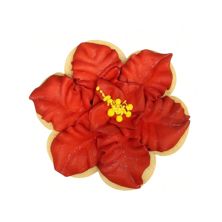 Red hibiscus flower-shaped sugar cookie with yellow center.