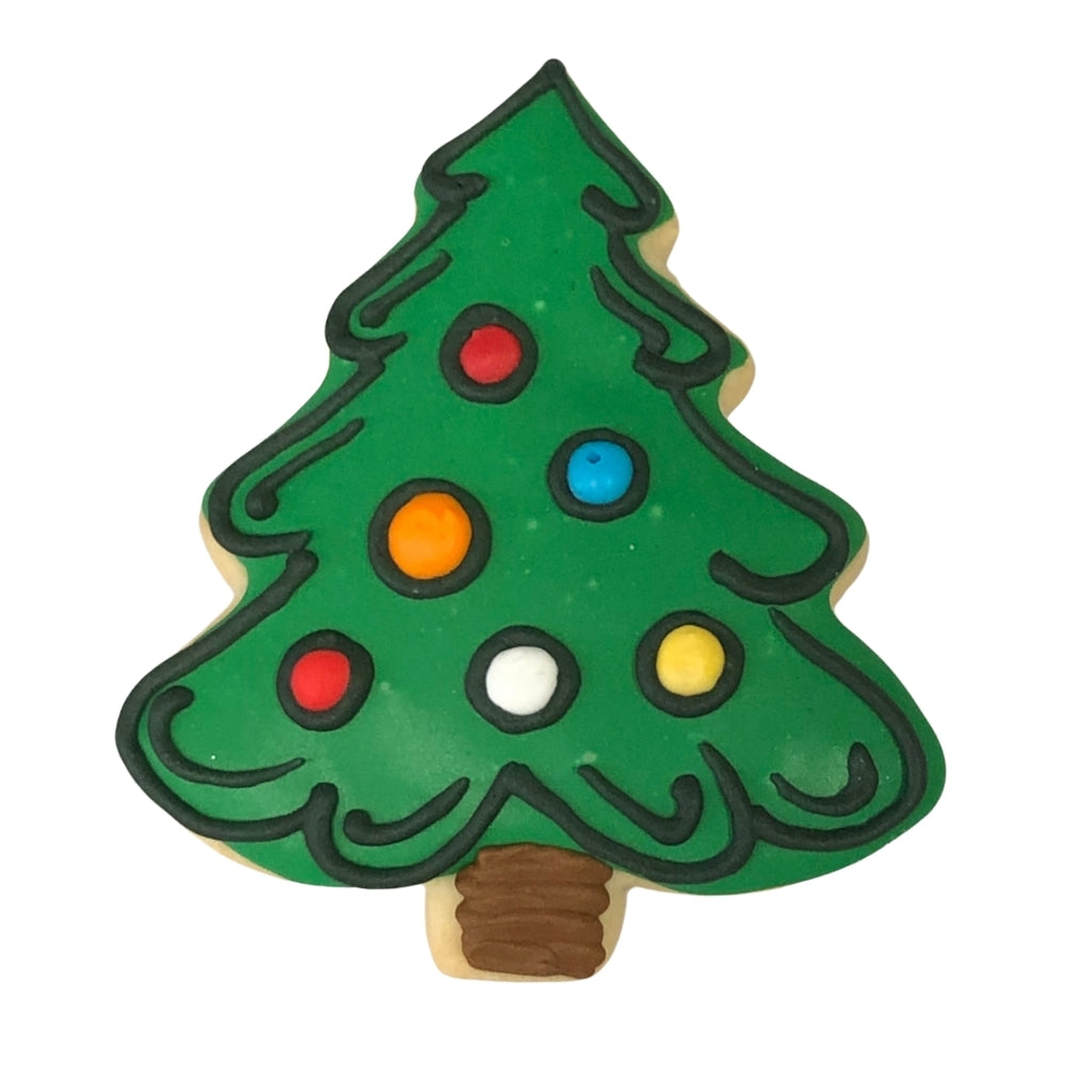 Christmas Character cookie shaped like a green tree with ornaments.