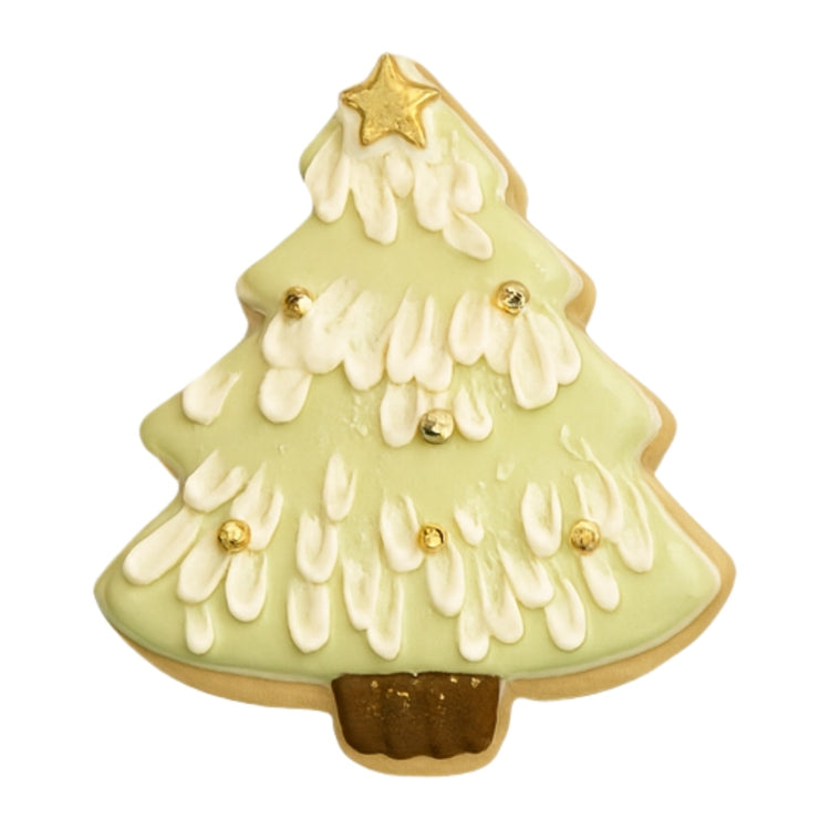 Christmas tree cookie with white icing and gold accents