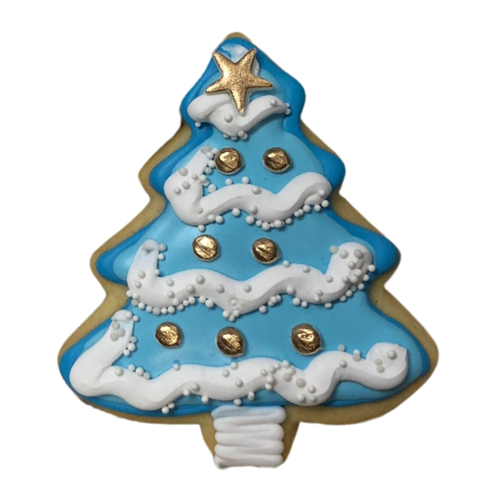 Christmas tree cookie with blue icing and gold accents.