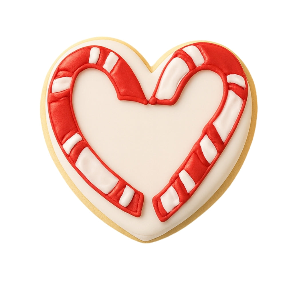 Christmas character heart cookie with red candy cane icing.