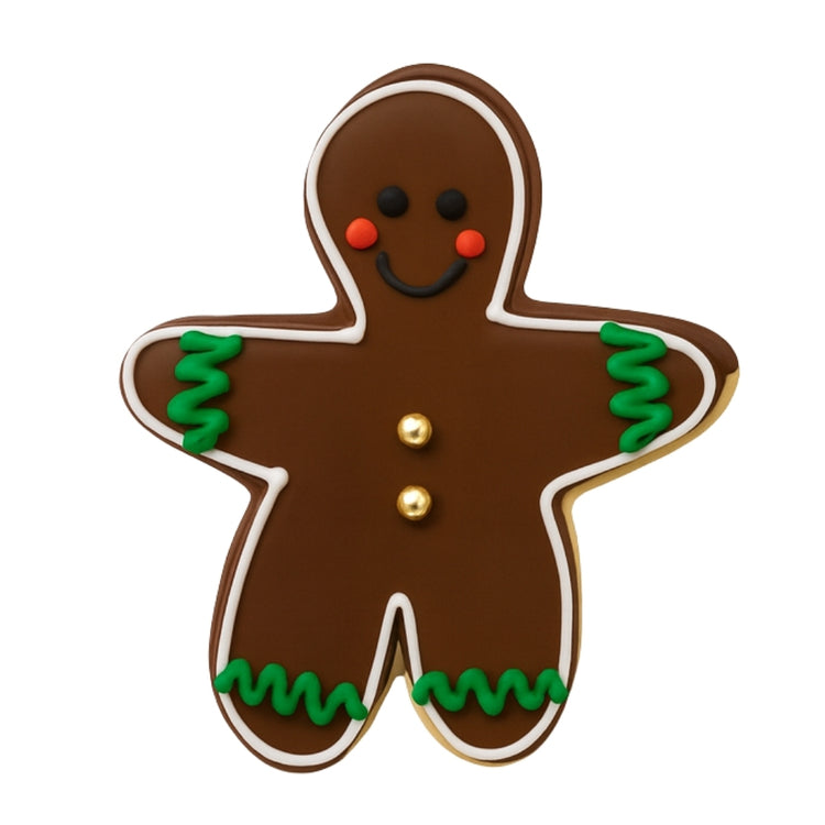 Christmas character gingerbread cookie with green icing details.