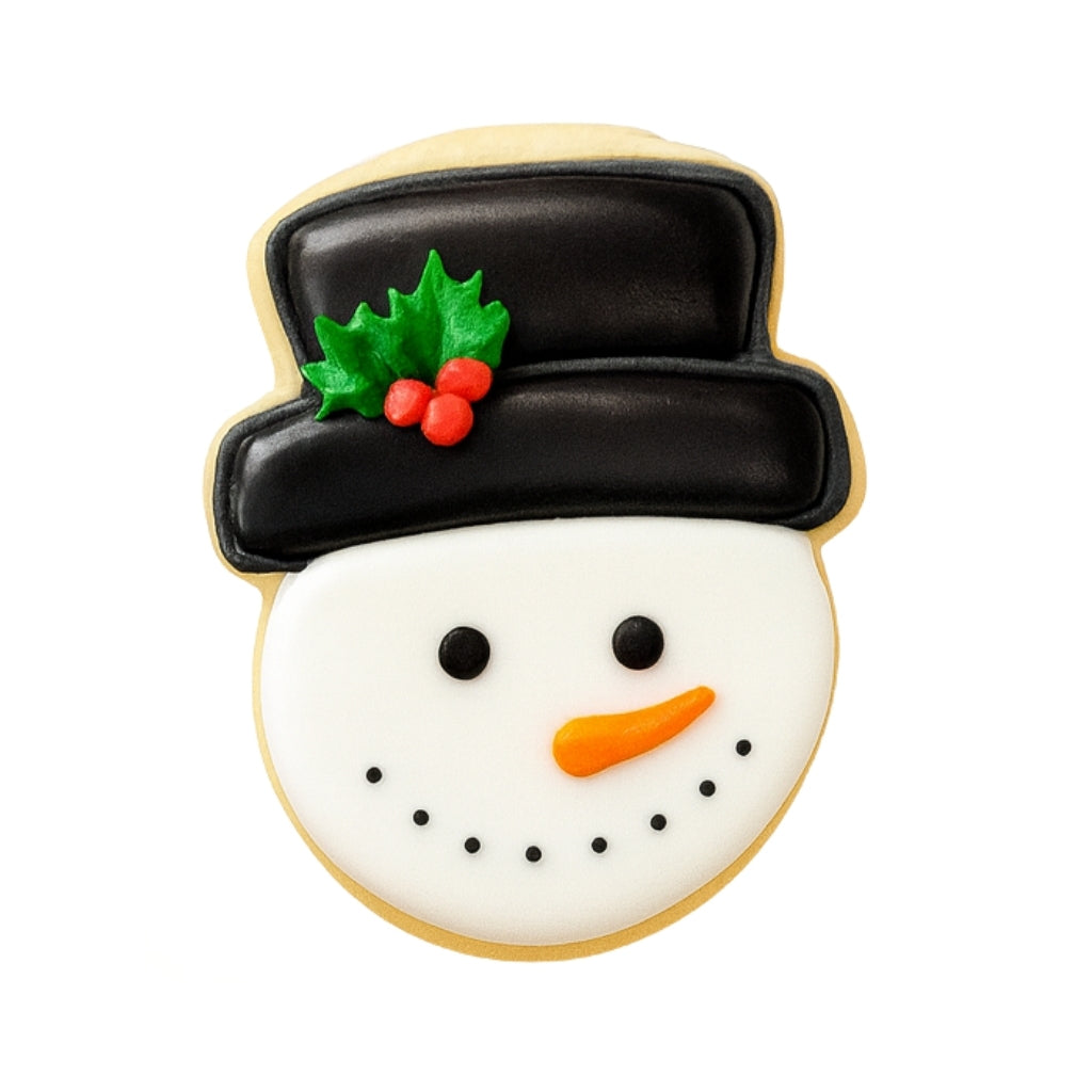 Christmas Character snowman cookie with a black top hat and holly.