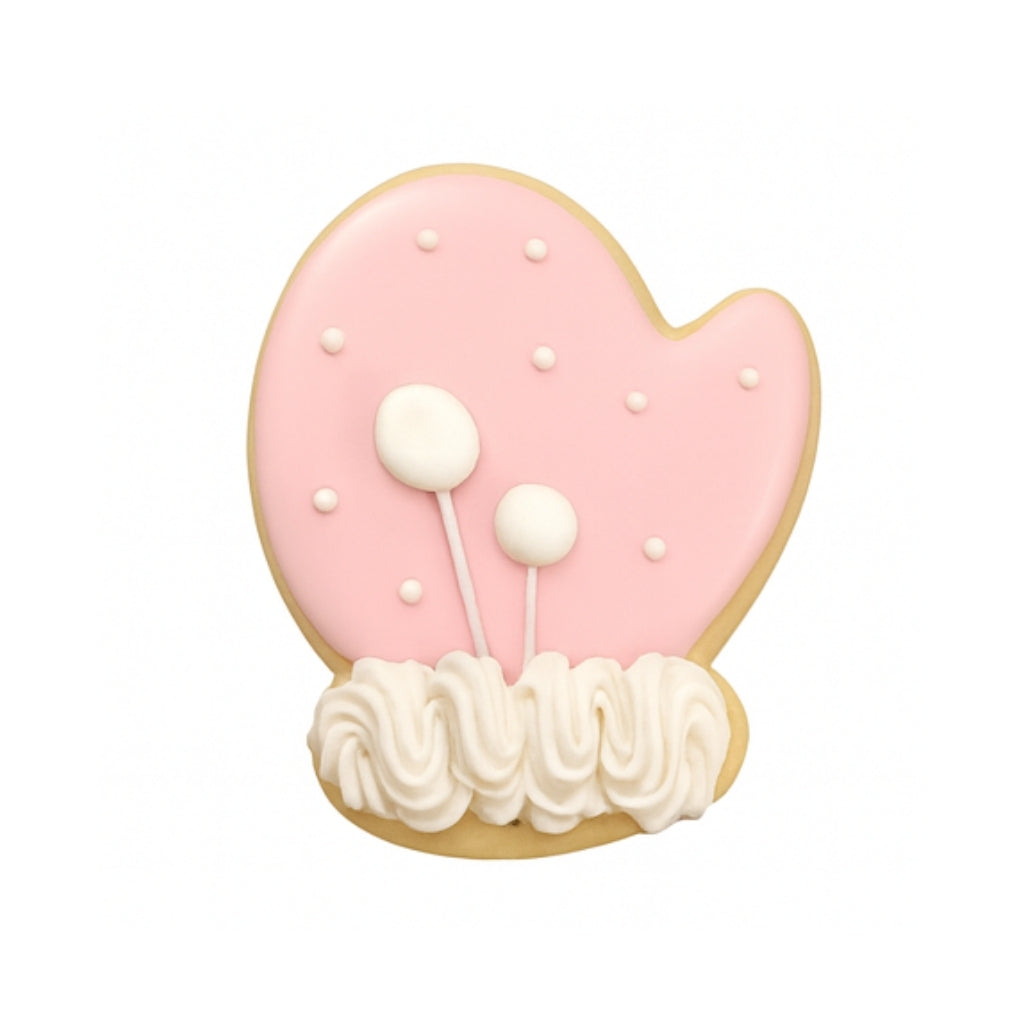 Christmas Couture mitten cookie with pink icing and white trim