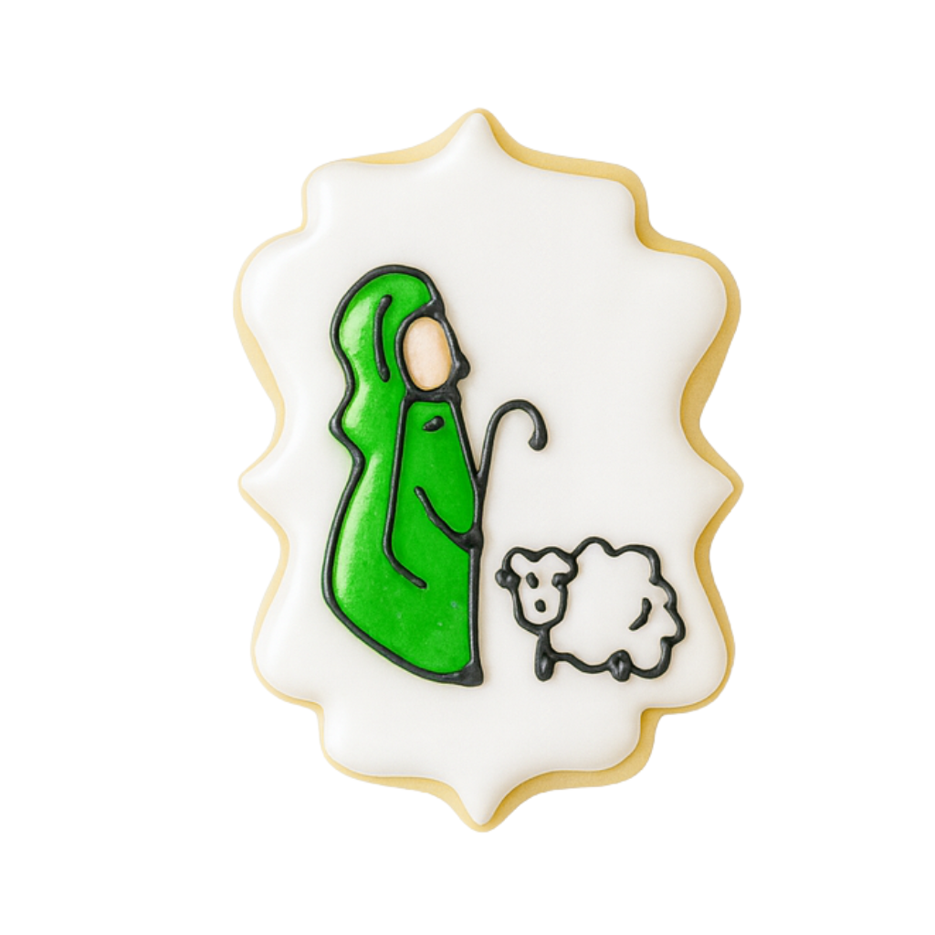 Christmas character cookie featuring a shepherd and sheep.