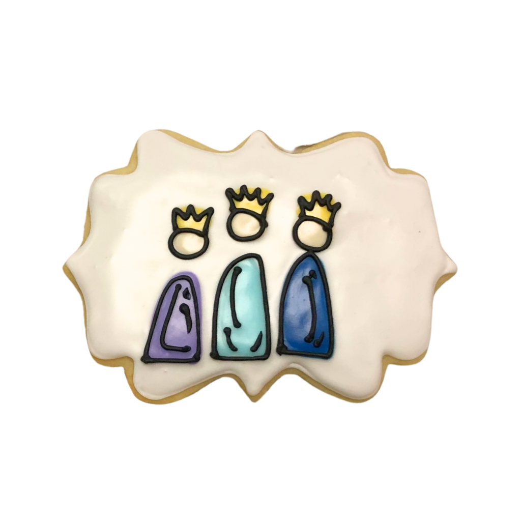 Christmas Characters cookie with three kings in colorful robes.