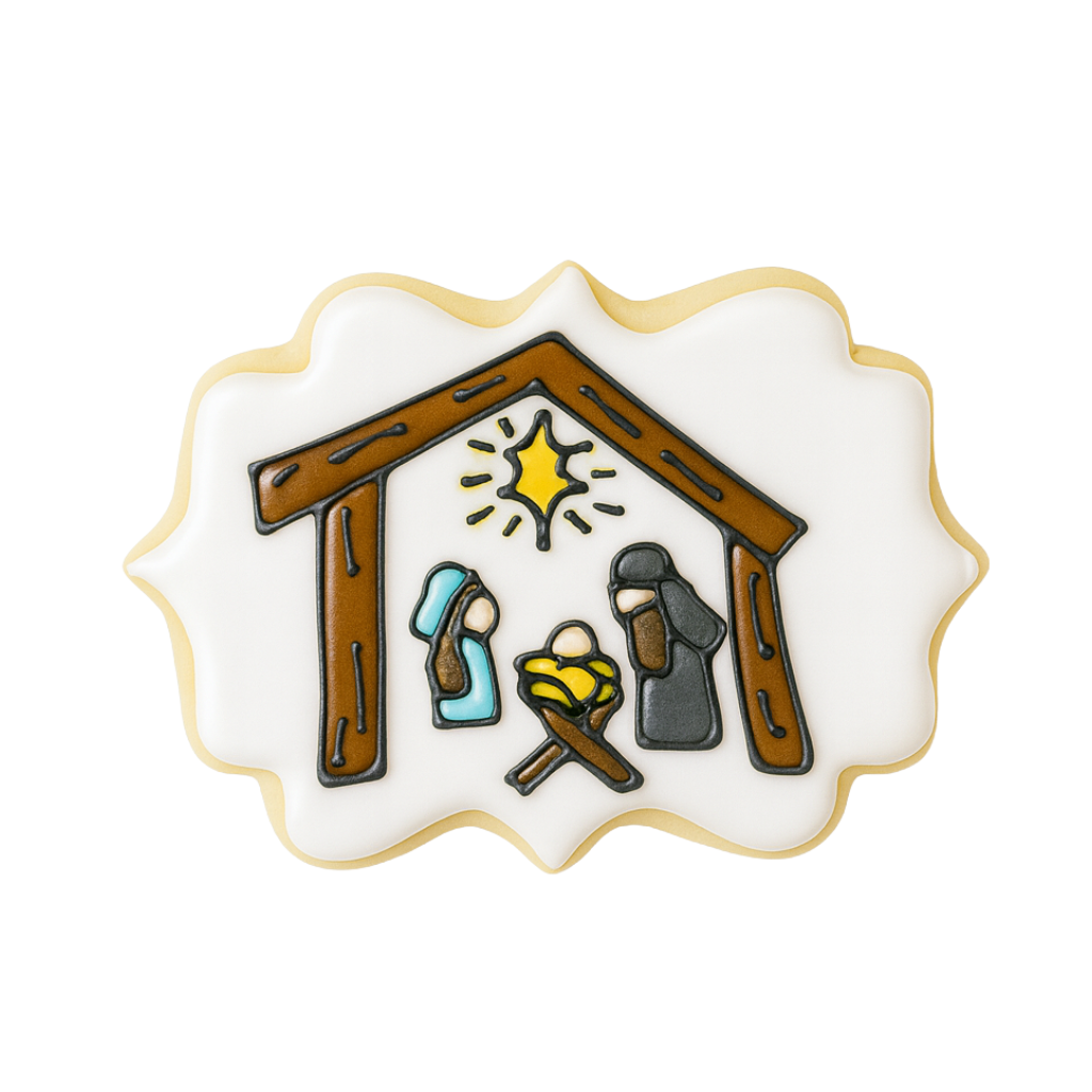 Christmas Characters cookie featuring a Nativity scene design.