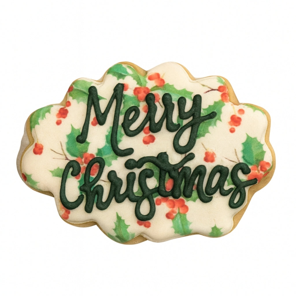 Holiday Greetings cookie with holly and Merry Christmas text.
