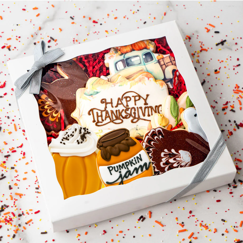 Gift Box of Thanksgiving Butter Cookies with festive icing.