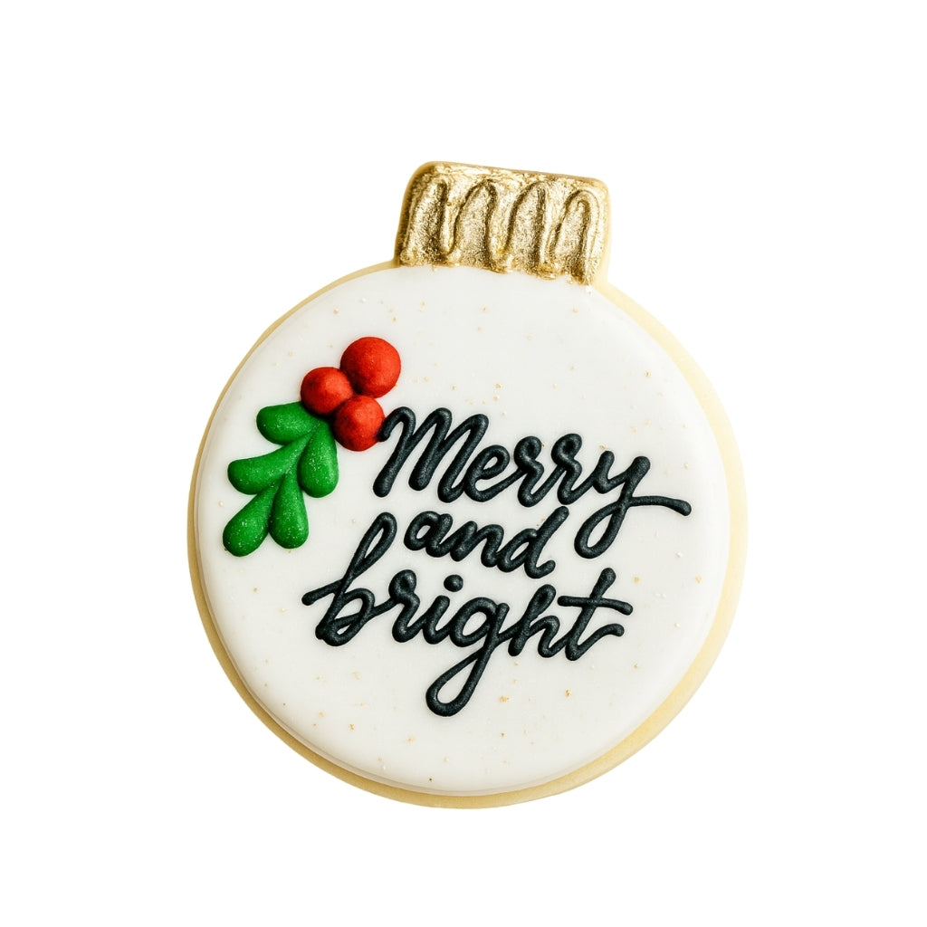Merry and Bright ornament cookie with gold topper