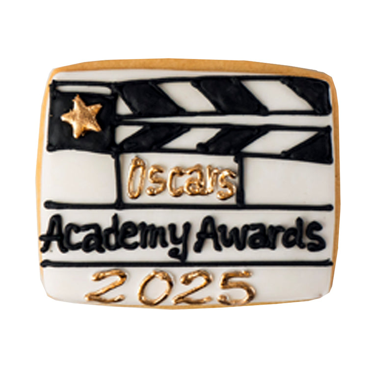 Academy Awards 2025 cookie with black and gold icing.