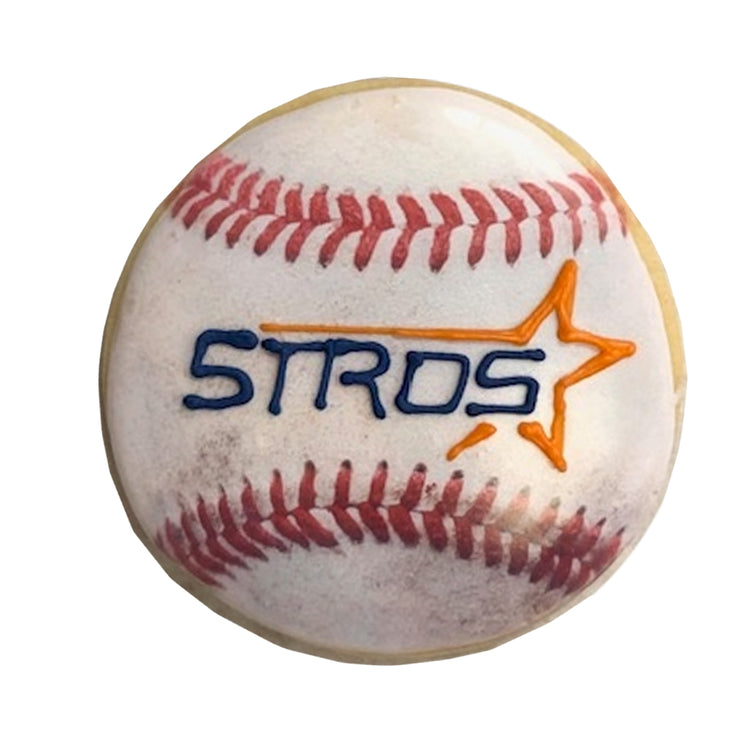 Astros cookie shaped like a baseball with team logo.