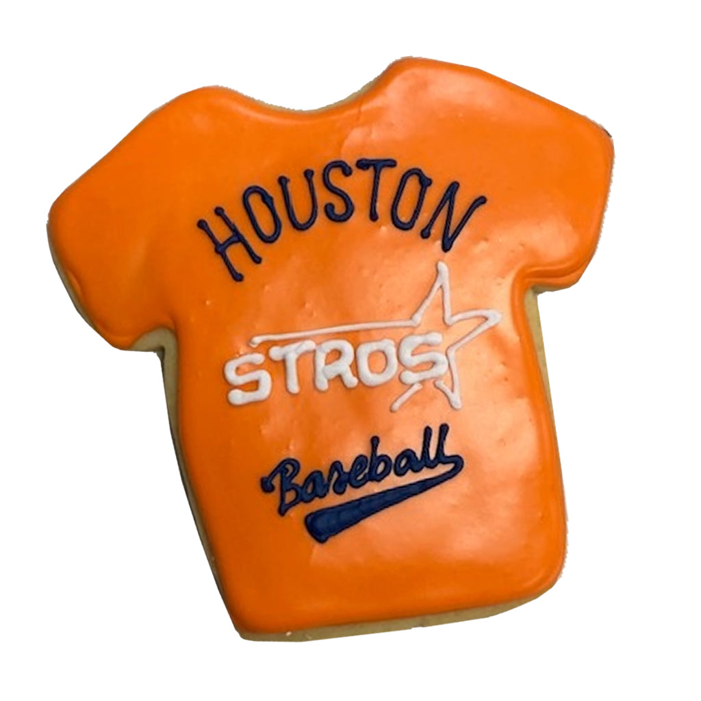 Astros jersey-shaped cookie with orange icing and team text.
