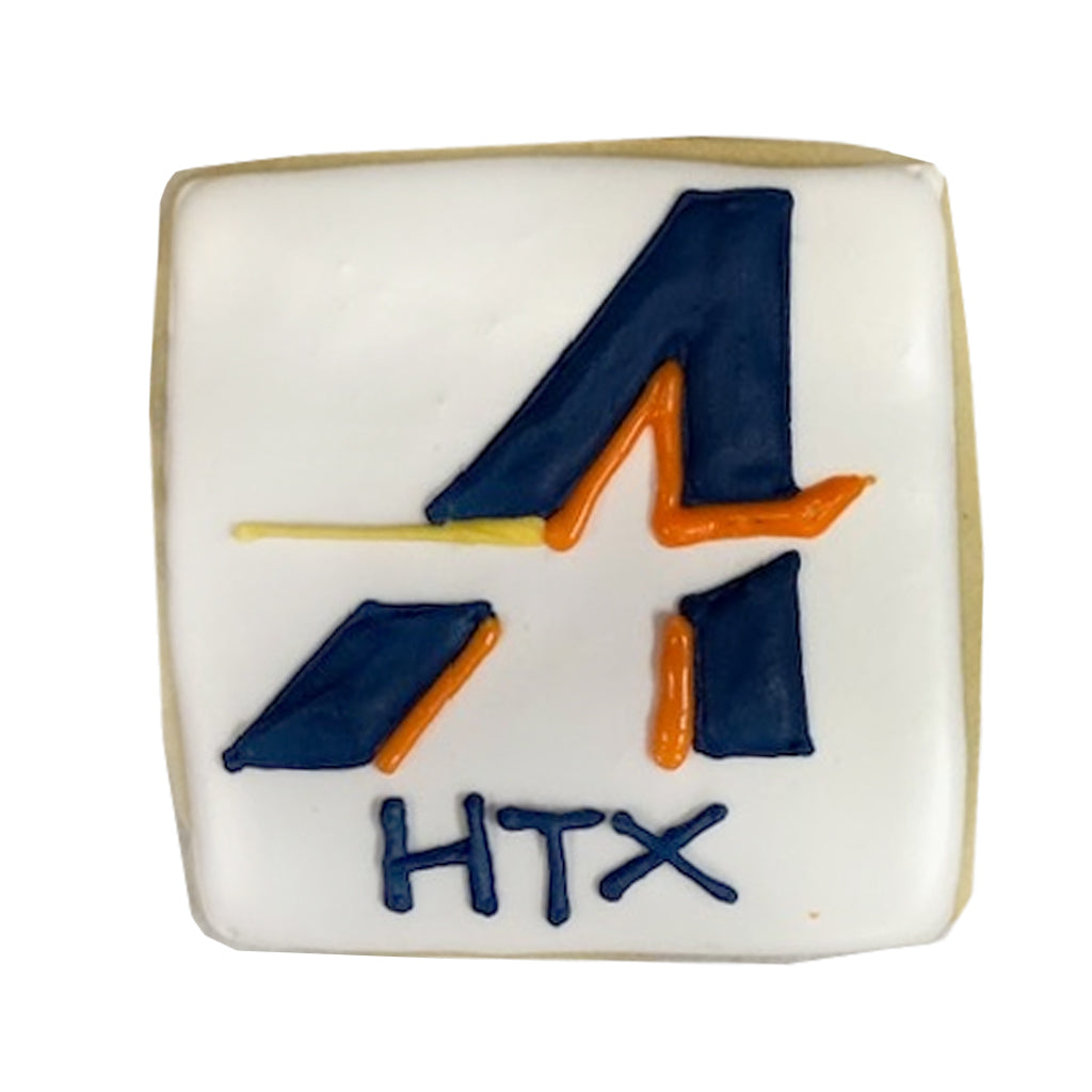 Astros square cookie with blue and orange HTX logo icing.