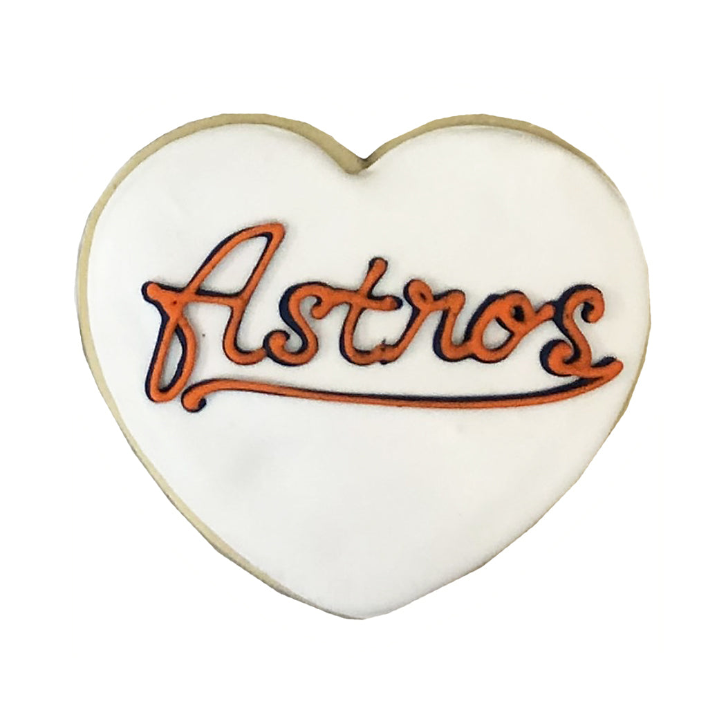 Astros Heart sugar cookie with white icing and orange text.