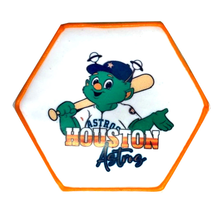 Hexagonal Astros cookie with Orbit mascot graphic