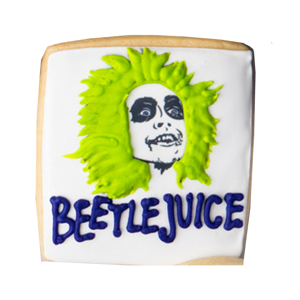 Beetlejuice butter cookie with green icing hair and logo.