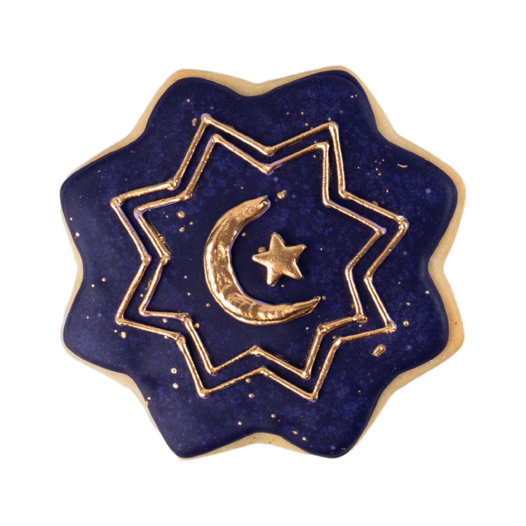 Ramadan butter cookie with purple glaze and gold moon design