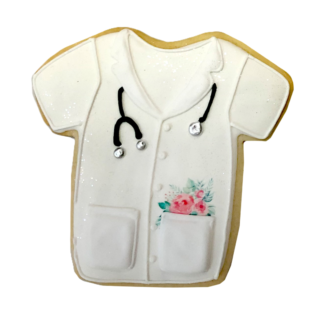 Nurse appreciation scrub-shaped cookie with floral pocket detail