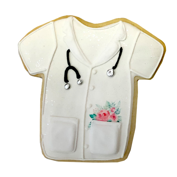 Doctors' Week scrub-shaped cookie with floral pocket detail.