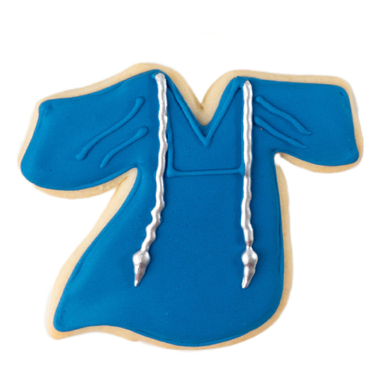 Blue graduation gown cookie with silver icing details.