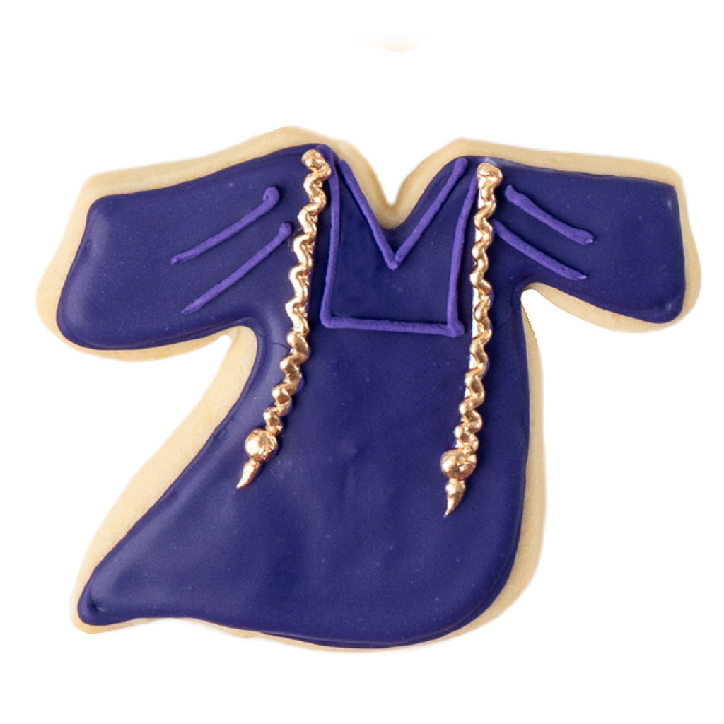 Graduation gown cookie with purple icing and gold trim.