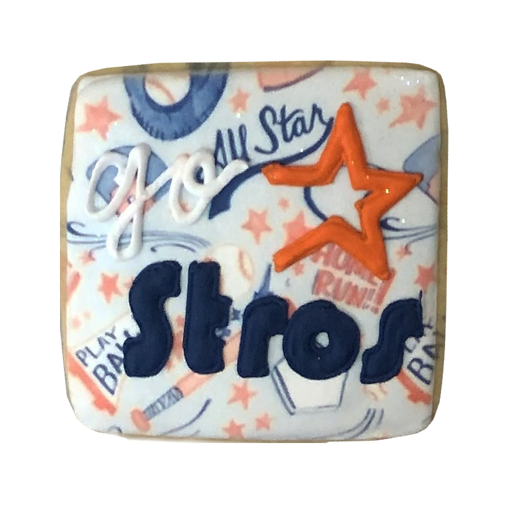Go 'Stros plaque cookie with orange star and blue lettering.