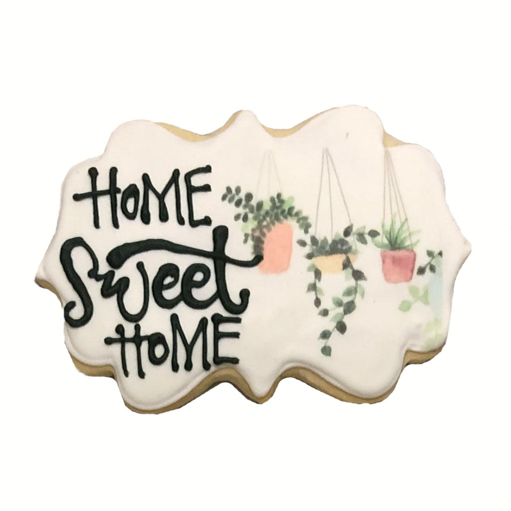 Home Sweet Home plaque cookie with hanging plant designs.