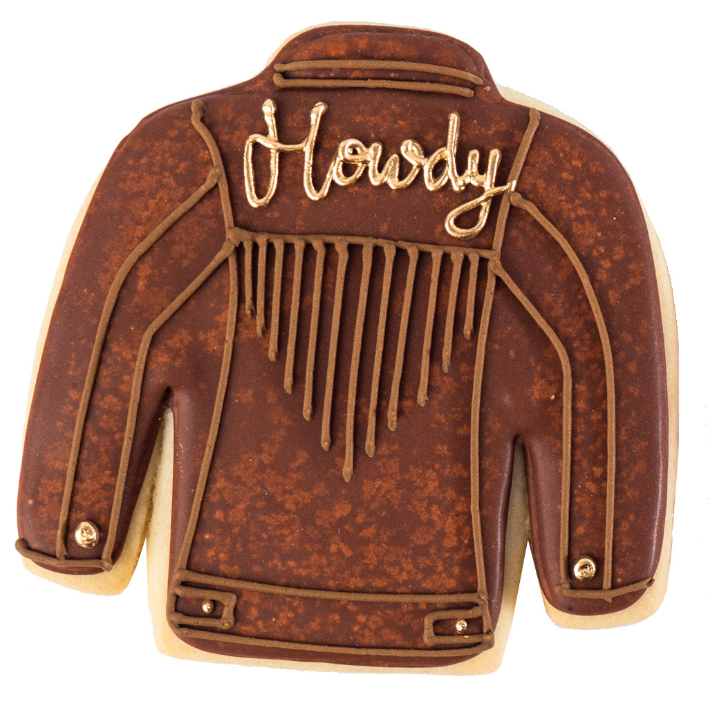 Cowboy Couture cookie shaped like a brown fringed jacket.