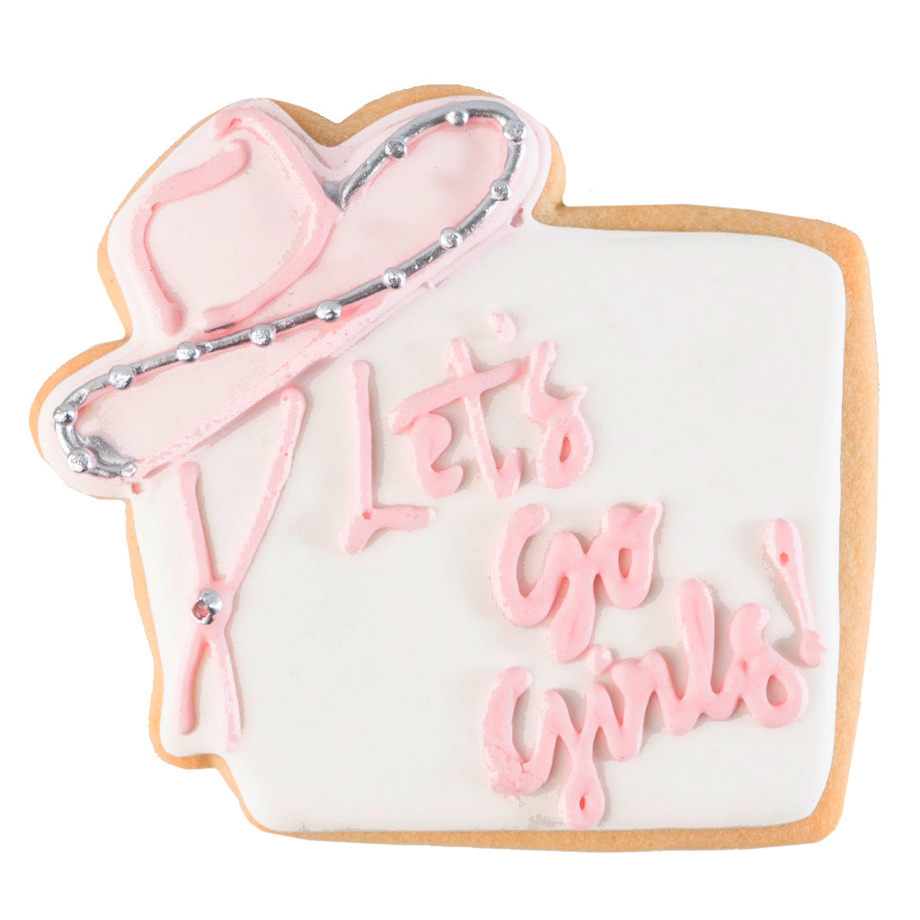 Texas icon cookie with pink cowboy hat and Let's Go Girls text