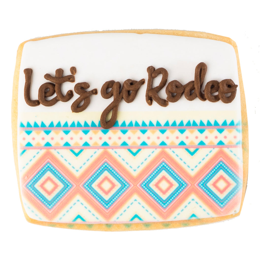 Texas Icons cookie with Let's Go Rodeo text and geometric print.