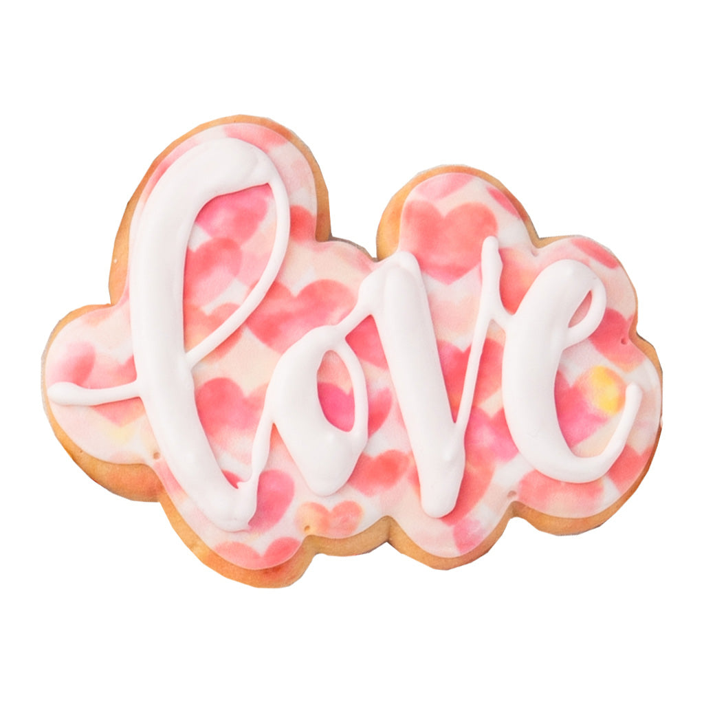 Valentine butter cookie with pink heart pattern and Love icing.
