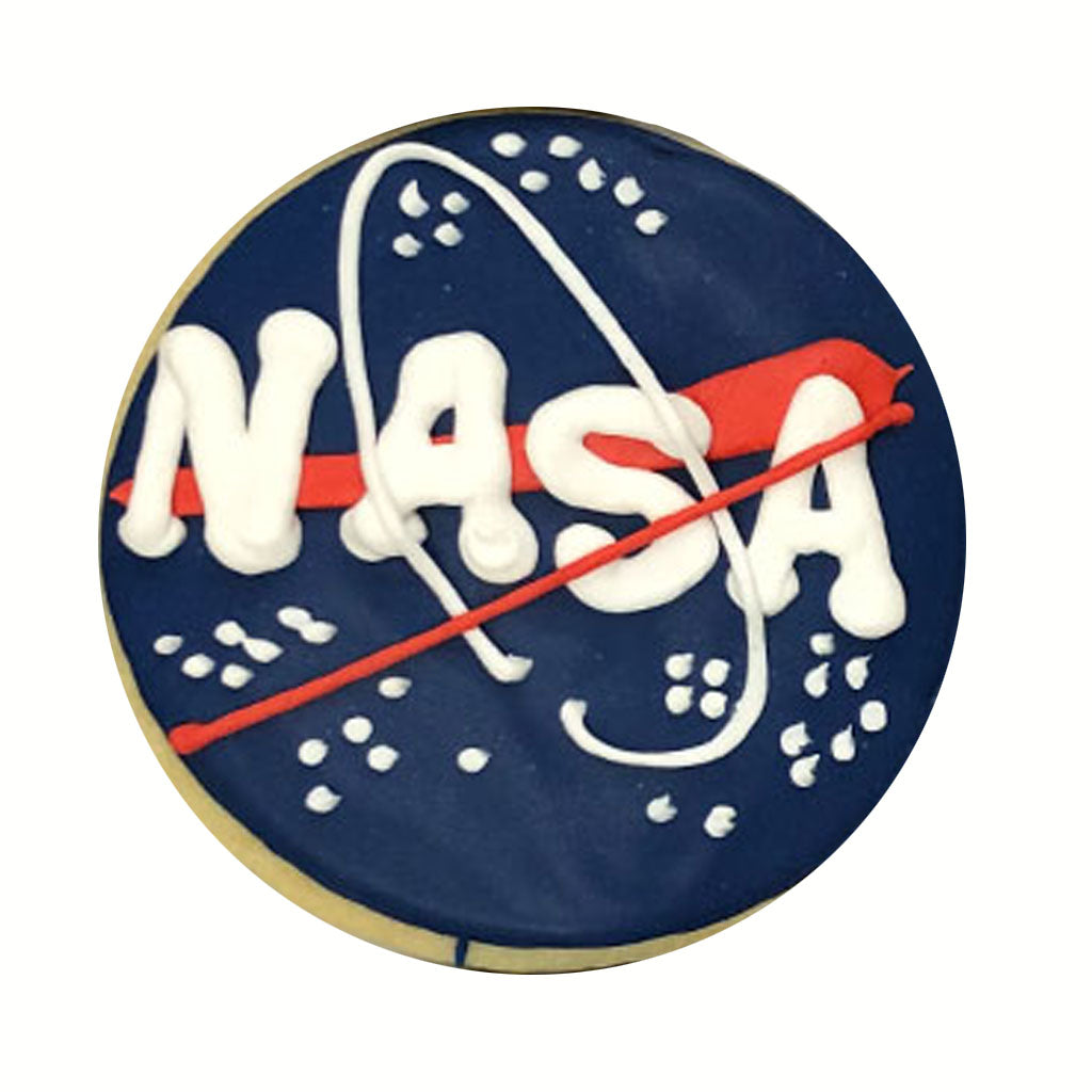 Round NASA logo cookie with blue icing and white lettering.