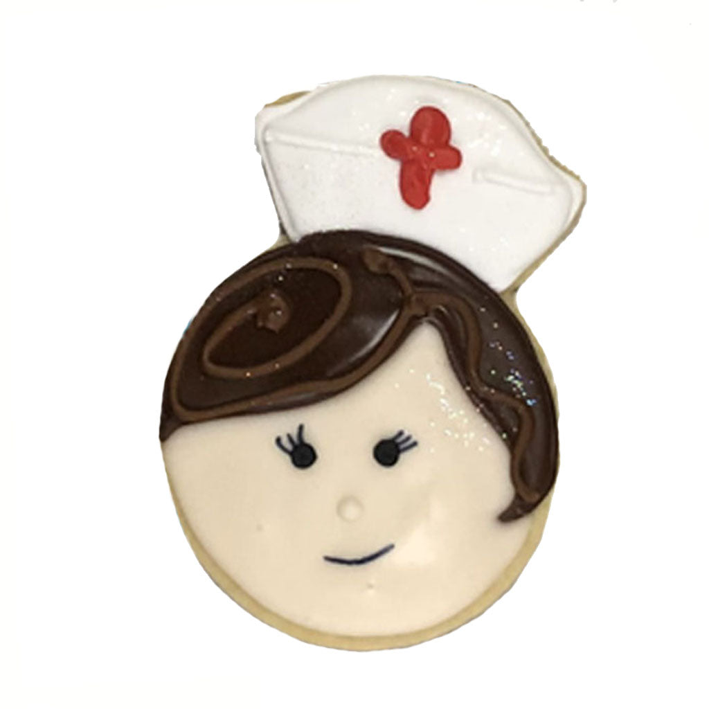Nurse sugar cookie decorated with a white cap and red cross.