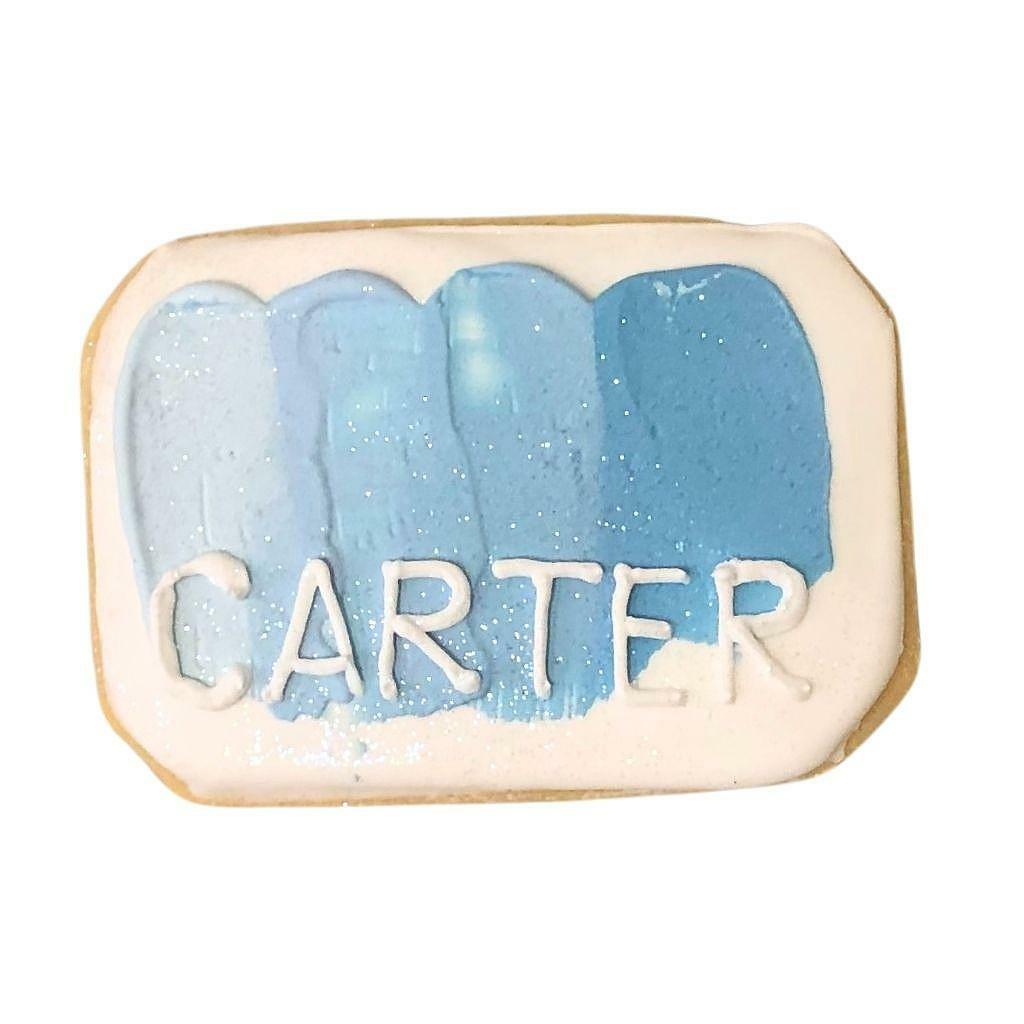Baby Boy #2 gift box cookie with blue ombre brushstrokes