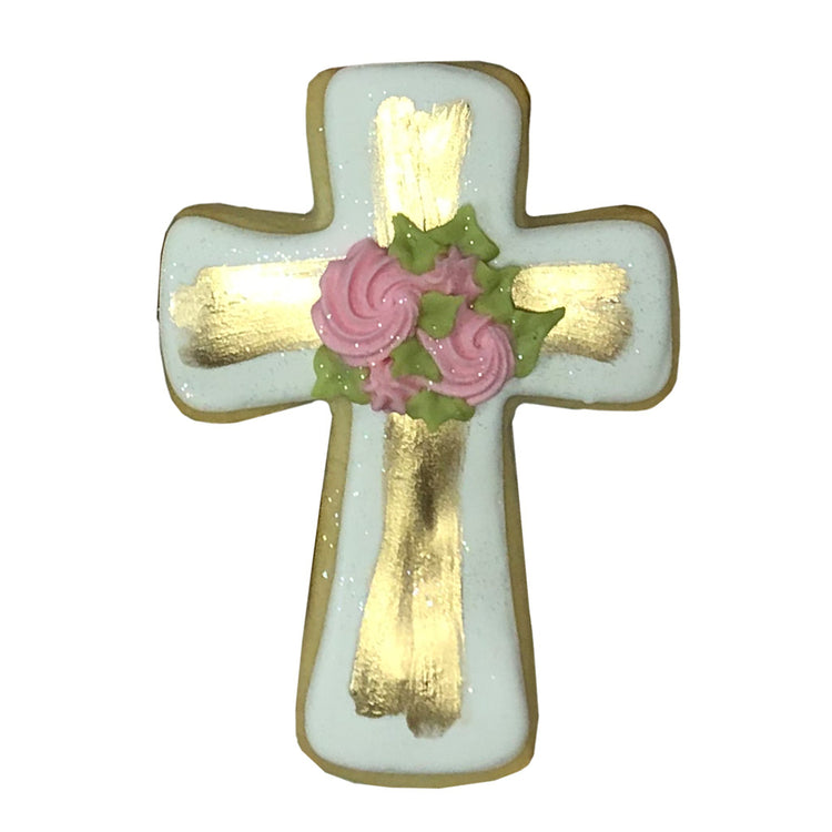 Gold brushed cross cookie with pink floral icing accents