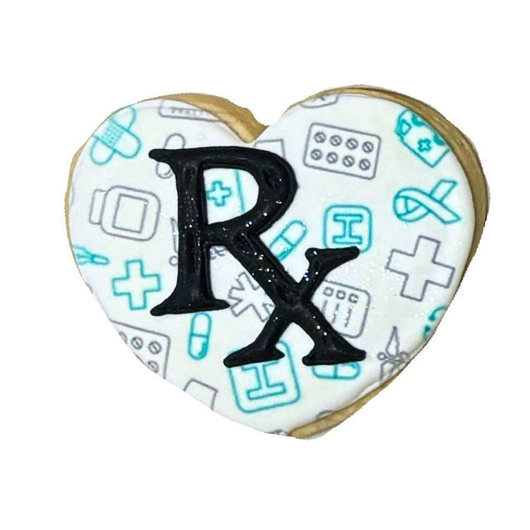 Heart-shaped Doctors' Week cookie with Rx symbol pattern.