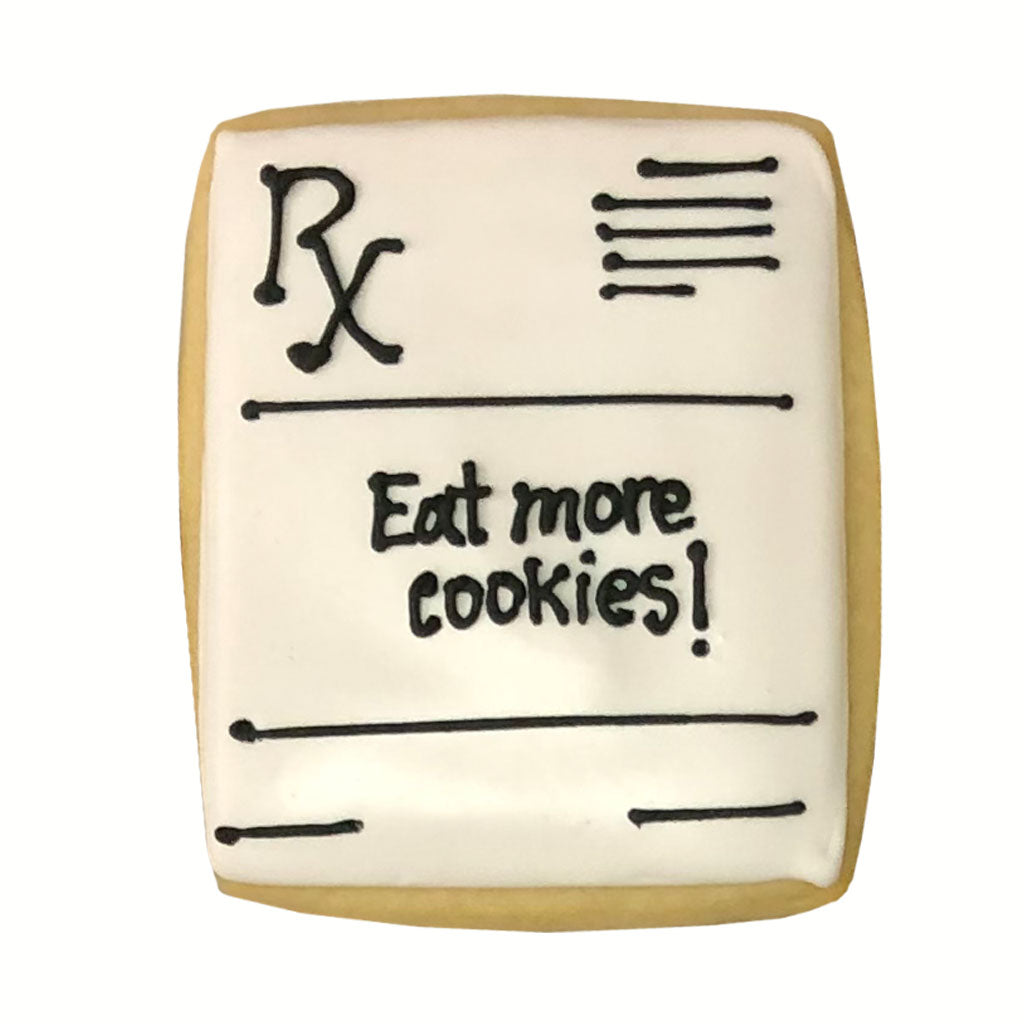 Get Well Soon prescription-themed cookie with icing.