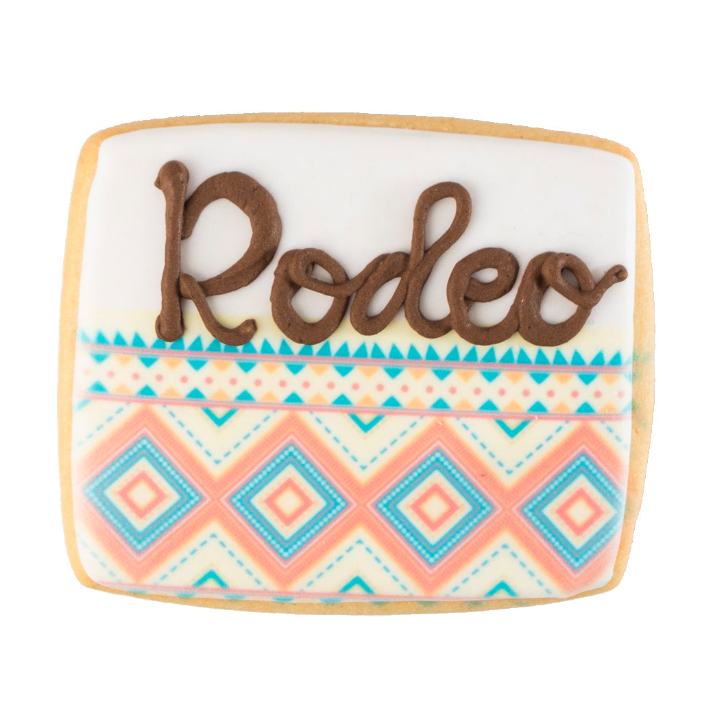 Texas Rodeo icon cookie with colorful geometric patterns.